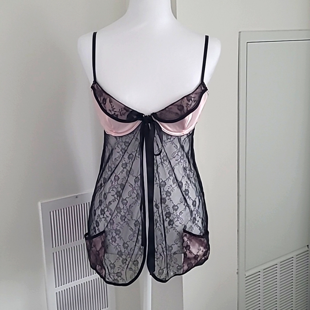 Victoria's Secret Black Lace and Pink Satin Babydoll Size 34C
